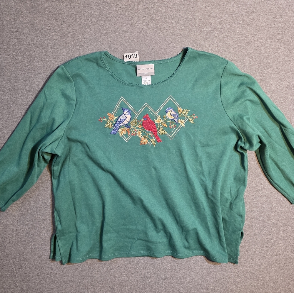 Alfred Dunner Teal Long Sleeve Top with Bird Embroidery Grannycore
